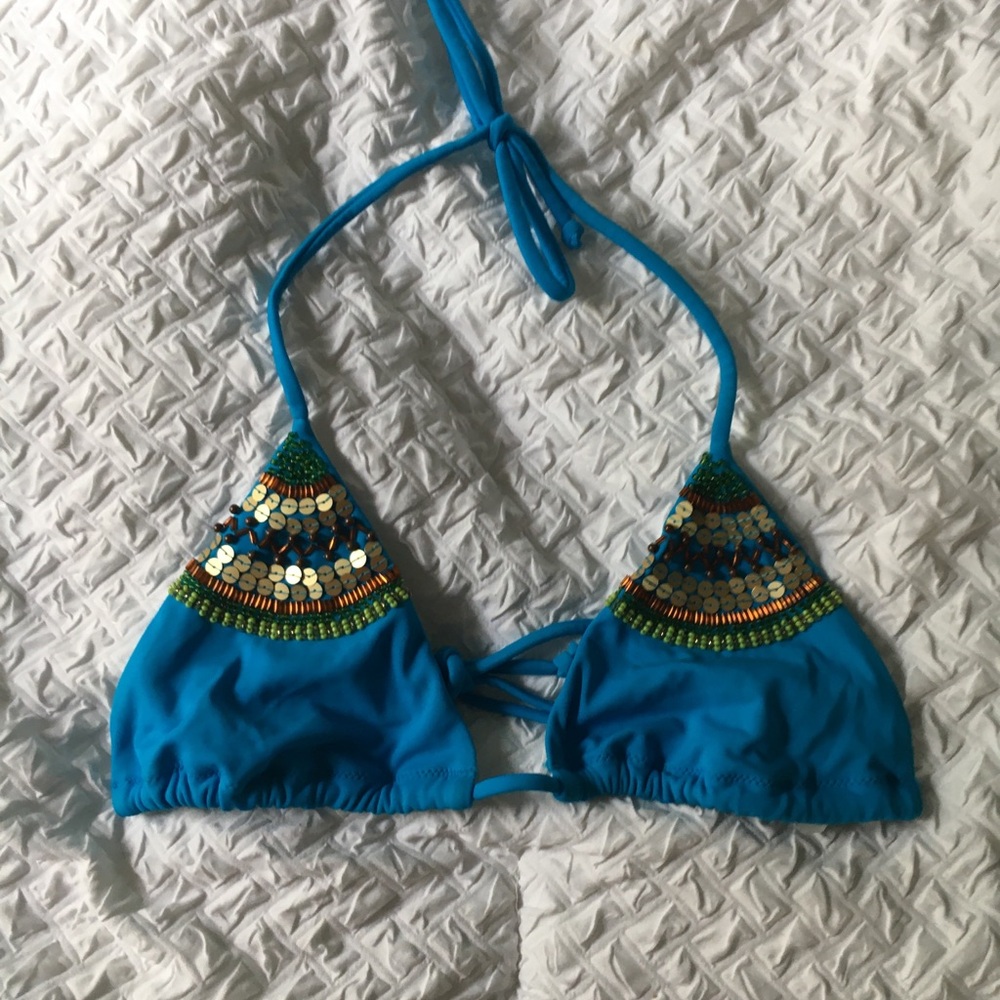 Blue Beaded Halter Bikini Top